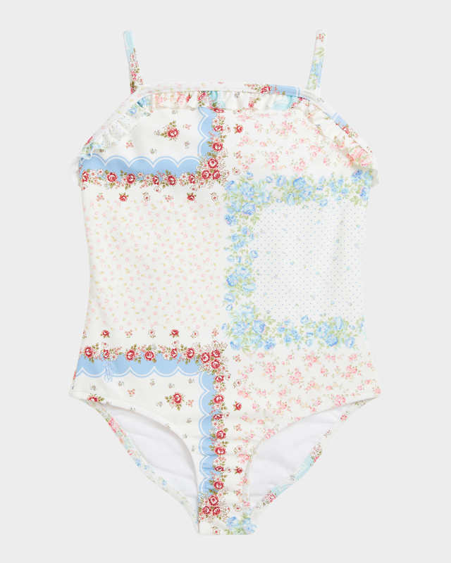 Girl's Floral-Print Patchwork Swimsuit, Size 2-